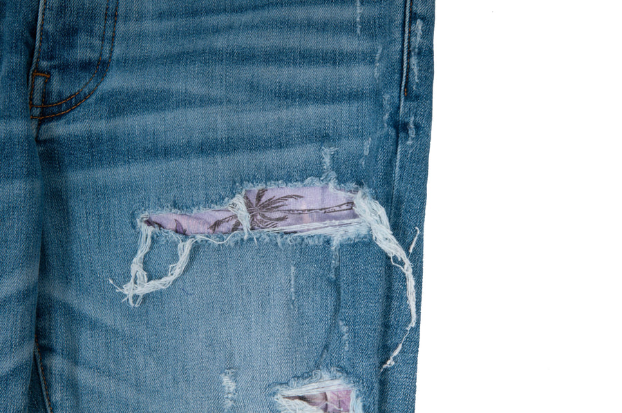Light Wash Blue Denim Distressed Hawaiian Patch Skinny Jeans Amiri 
