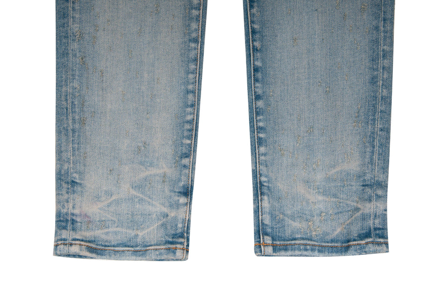 Light Wash Blue Denim Distressed Knee Slashed Shotgun Blasted Skinny Jeans Amiri 