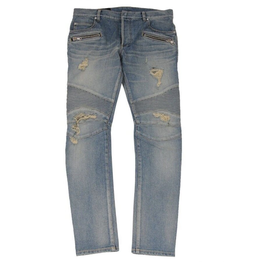 Light Wash Indigo Blue Distressed Biker Jeans BALMAIN 