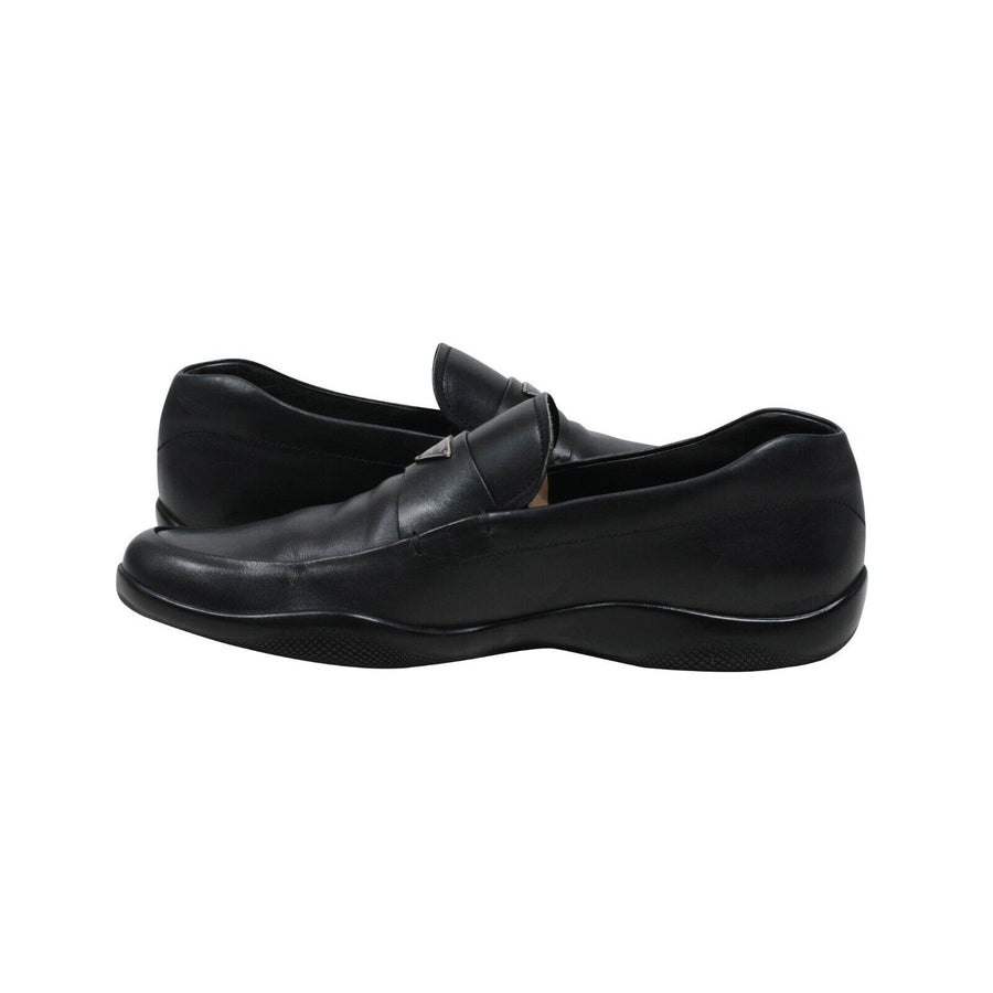 Logo Plaque Loafers Black Leather Moccasins Rubber Sole Prada 