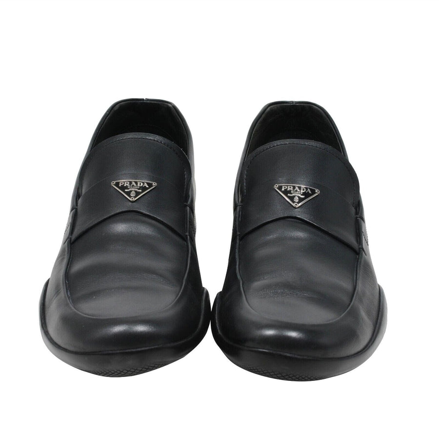 Logo Plaque Loafers Black Leather Moccasins Rubber Sole Prada 