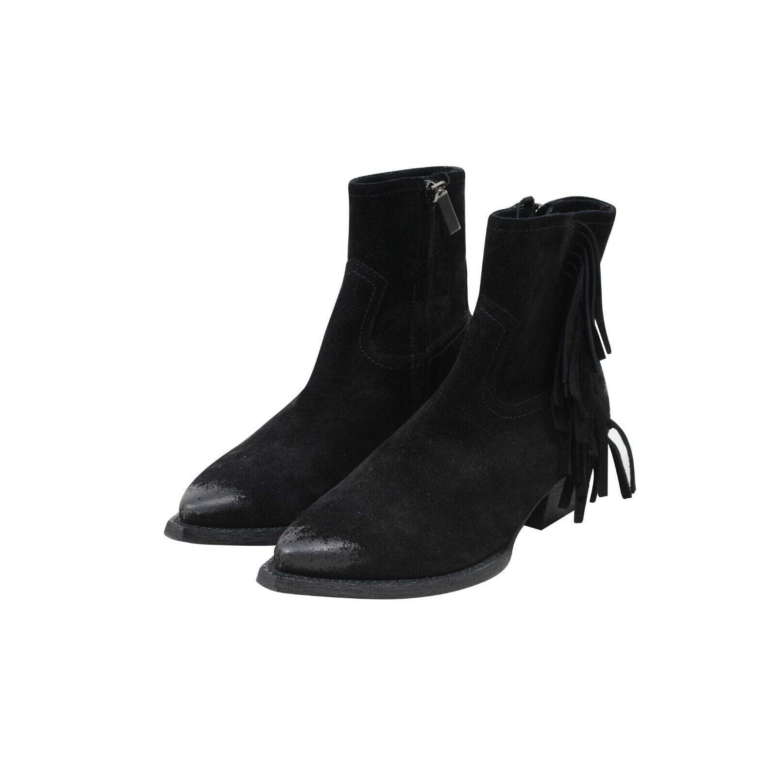 Saint Laurent Womens Lukas Western Black Suede Waxed Fringe Boots 