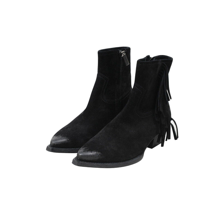 Lukas Western Black Suede Waxed Fringe Boots SAINT LAURENT 