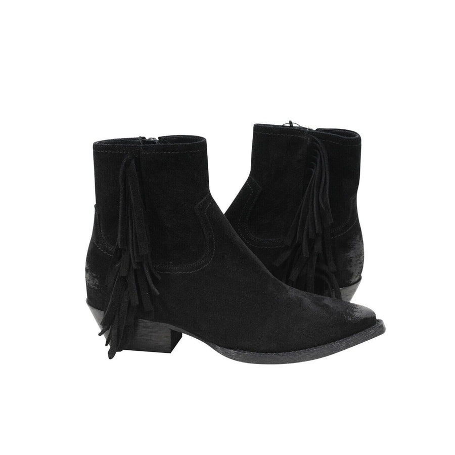 Lukas Western Black Suede Waxed Fringe Boots SAINT LAURENT 