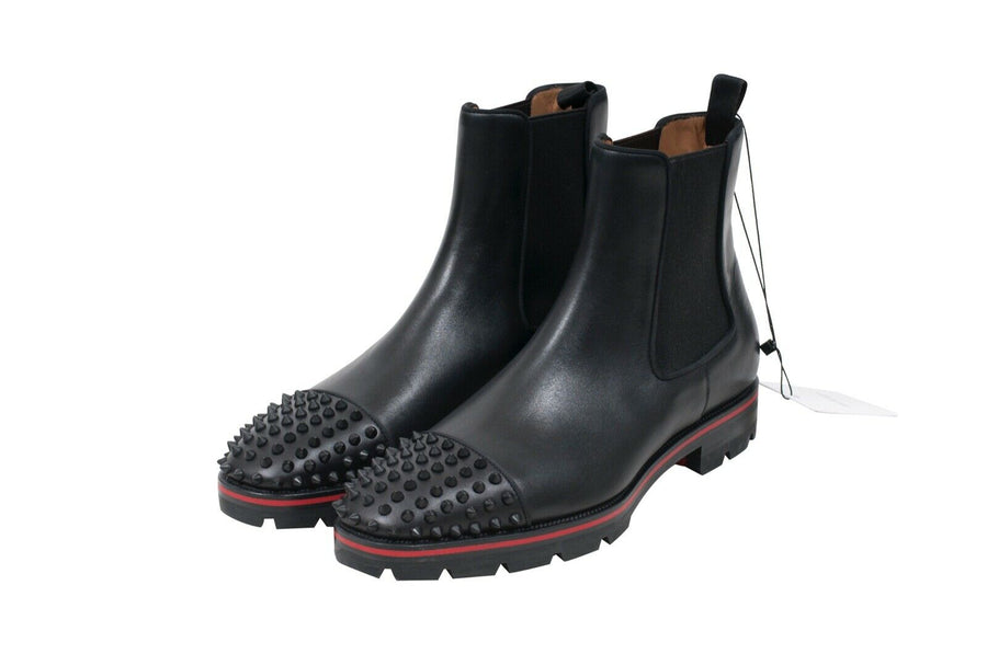 Melon Spikes Flat Black Leather High Chelsea Boots CHRISTIAN LOUBOUTIN 