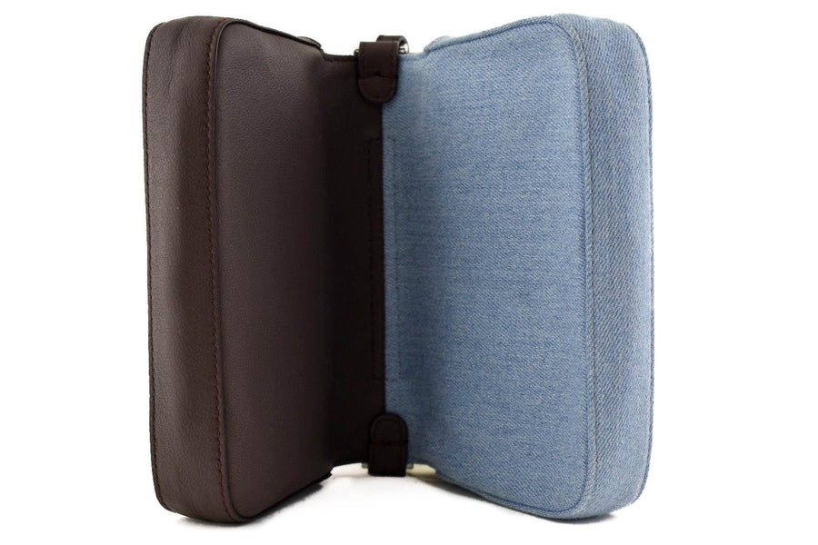 Micro Baguette Denim FF Blue Brown Mini Shoulder Crossbody Chain Bag Fendi 