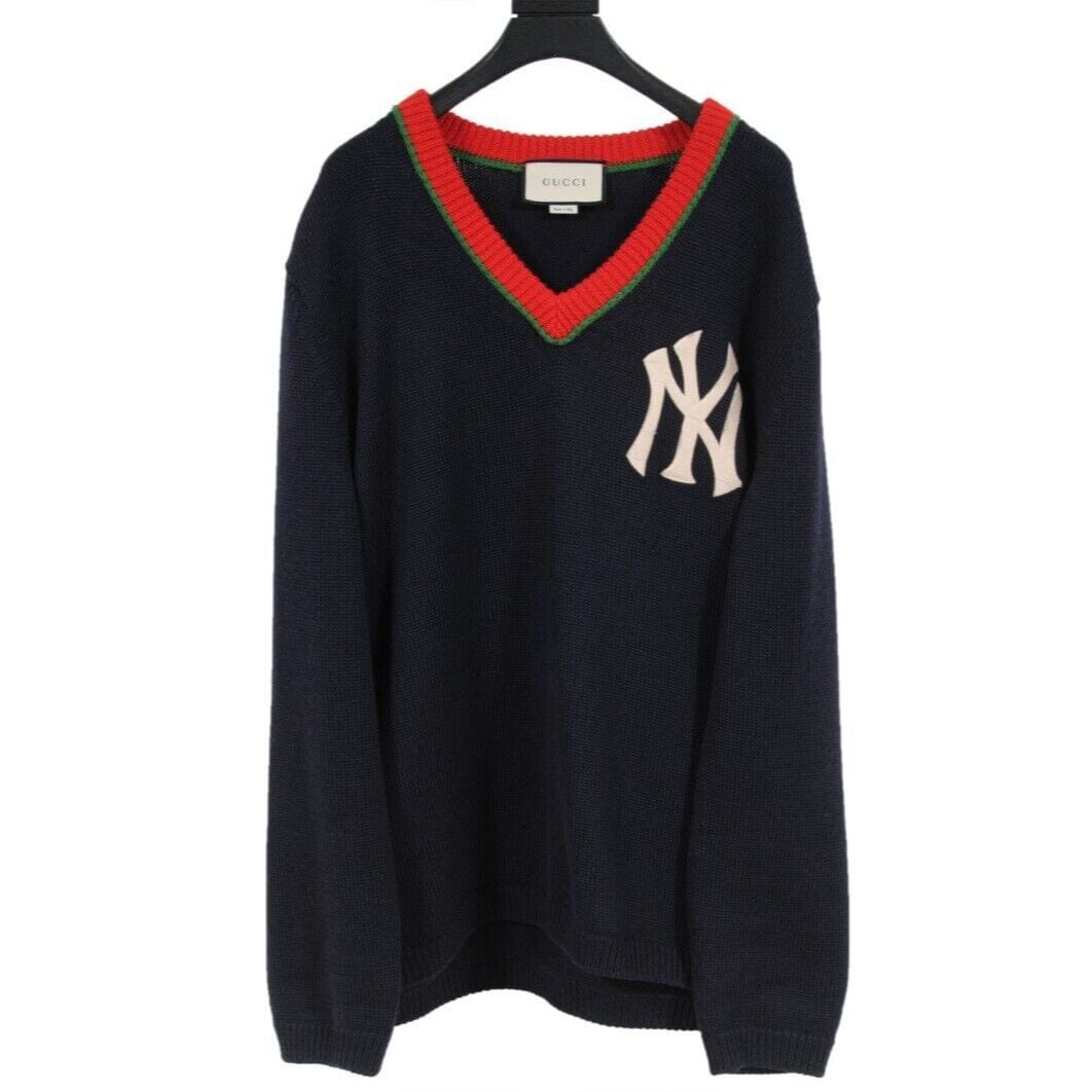 Gucci NY Yankees Knit V Neck Sweater XL Navy Blue Red Wool Web – THE-ECHELON