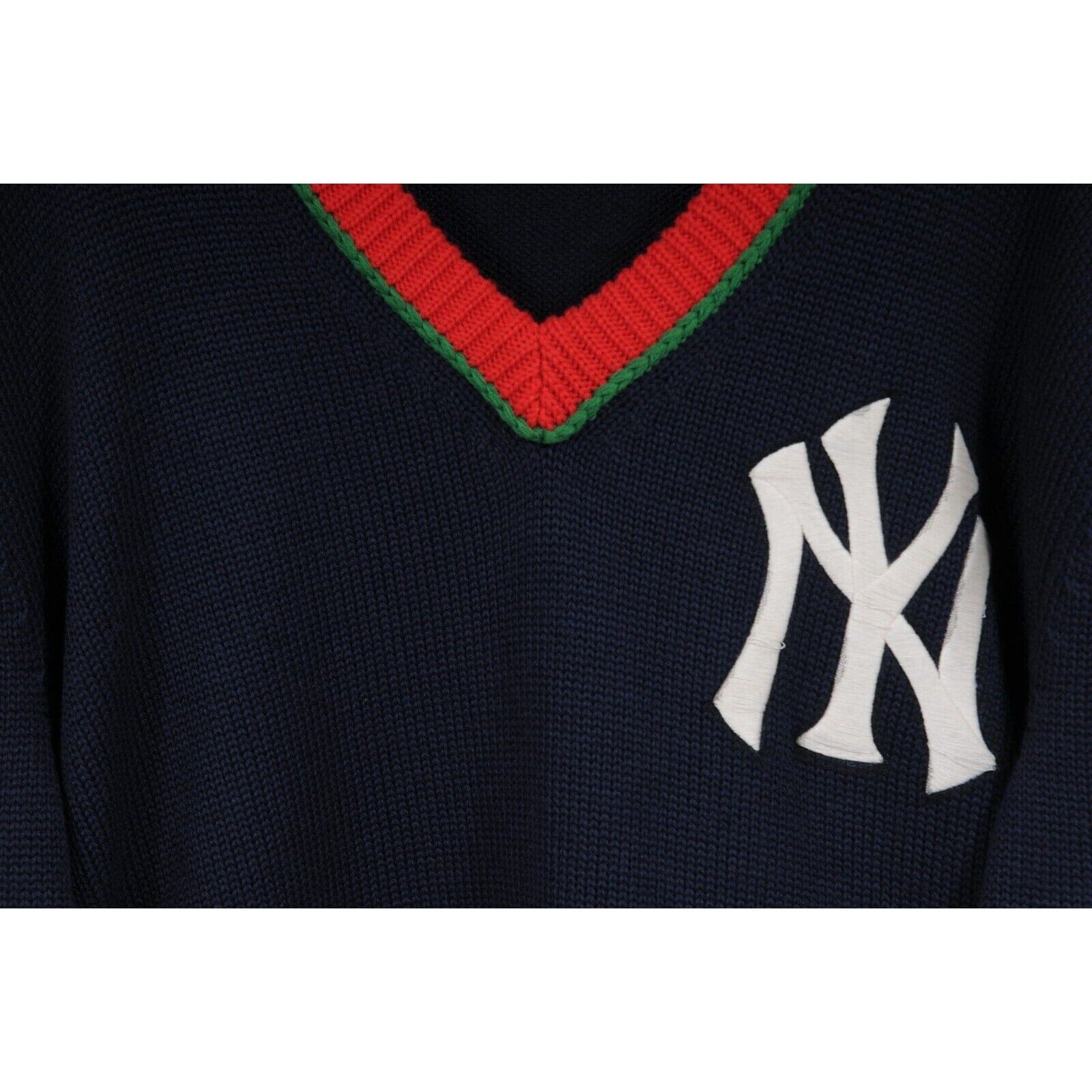 Gucci NY Yankees Knit V Neck Sweater XL Navy Blue Red Wool Web 