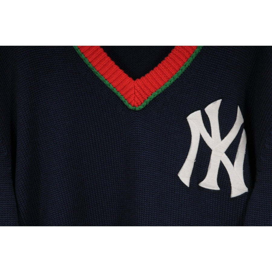 Navy Blue Red Wool Web New York NY Yankees Knit V Neck Sweater GUCCI 