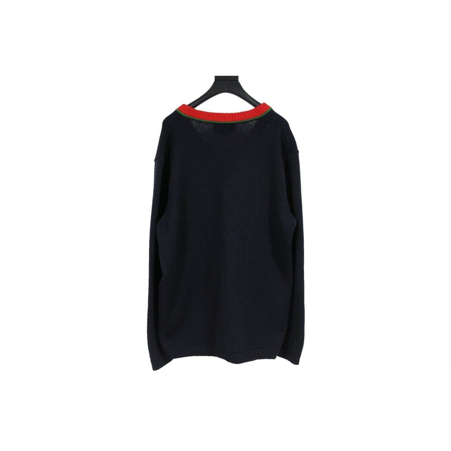 Navy Blue Red Wool Web New York NY Yankees Knit V Neck Sweater GUCCI 