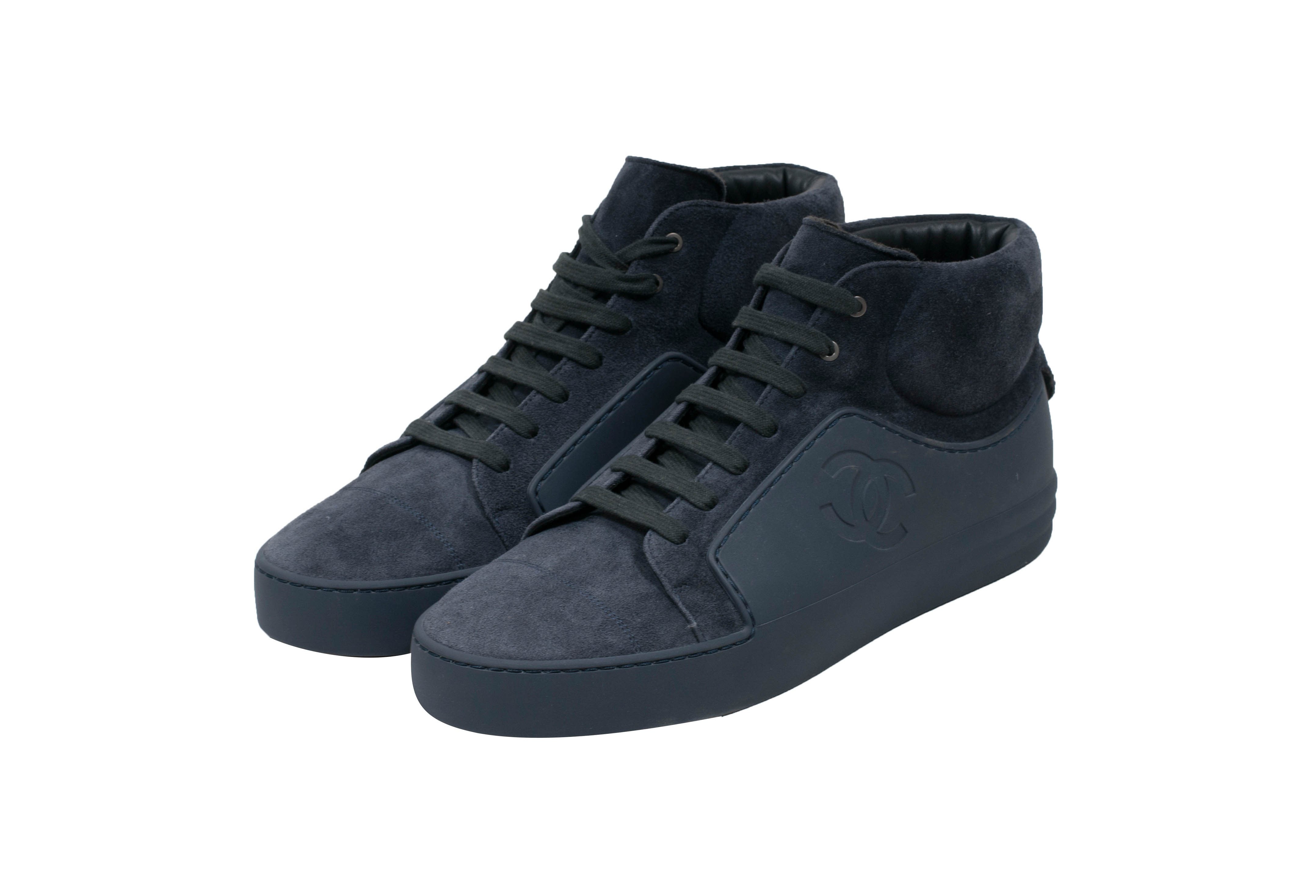 Chanel Mens Navy Blue Suede CC Logo High Top Sneakers Shoes 