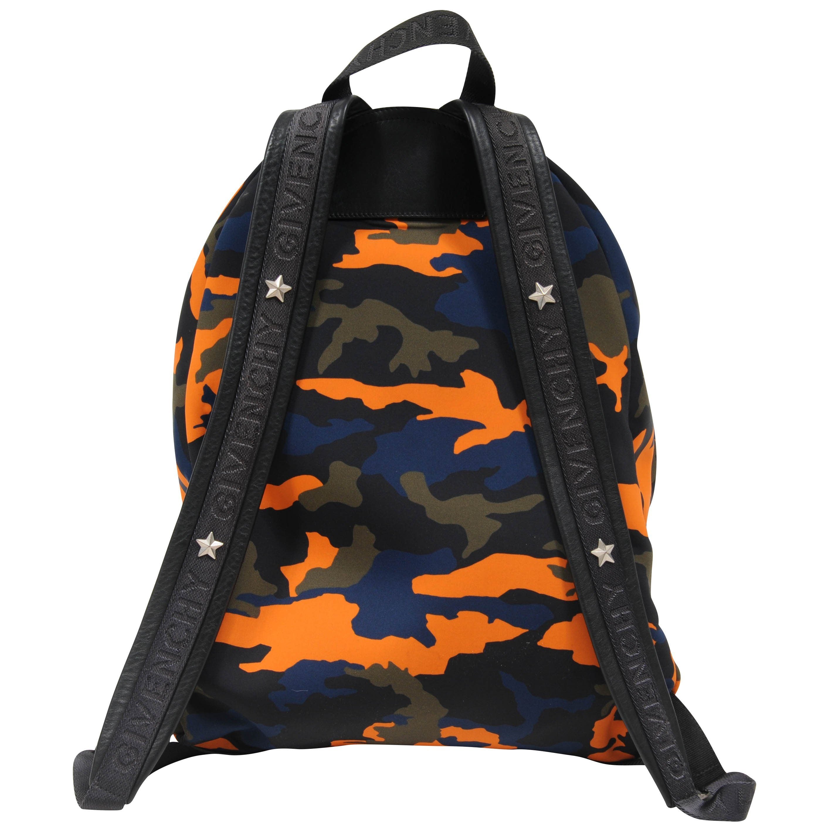 Givenchy Men s Neoprene Orange Blue Green Camouflage Leather Star Backpack THE ECHELON