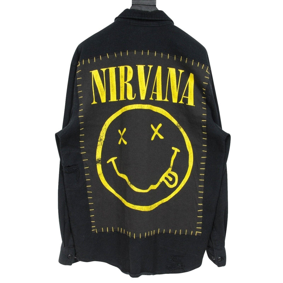 Nirvana Button Down Shirt Black Yellow Distressed Overshirt Madeworn 