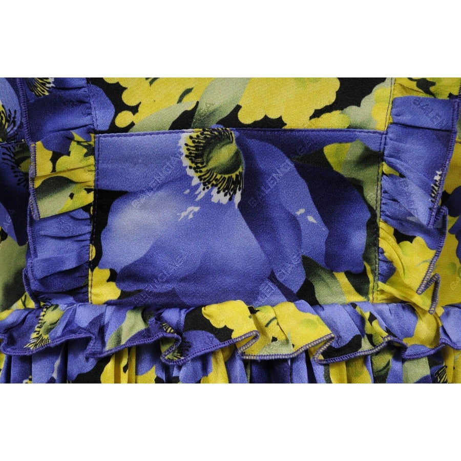 Purple Yellow Floral Print Pleated Ruffle Mini Dress BALENCIAGA 