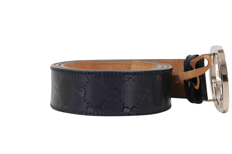 PVC Navy Blue Leather Interlocking Silver GG Belt Buckle GUCCI 