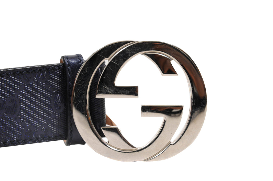 PVC Navy Blue Leather Interlocking Silver GG Belt Buckle GUCCI 