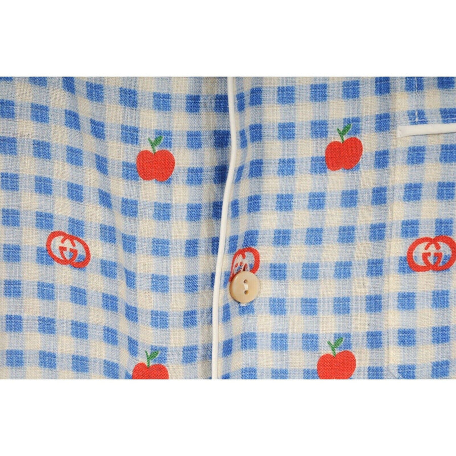 Pyjama Shirt Medium IT 46 Gingham Blue Red GG Logo Bowling Button Down GUCCI 