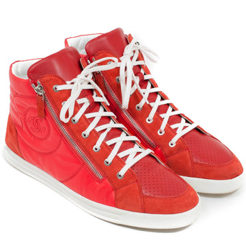 Chanel Denim Suede Calfskin Neon Orange CC Logo Trainers Sneakers