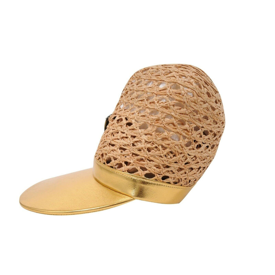 Raffia Wide Straw Logo Plaque Visor Gold Leather Hat Prada 