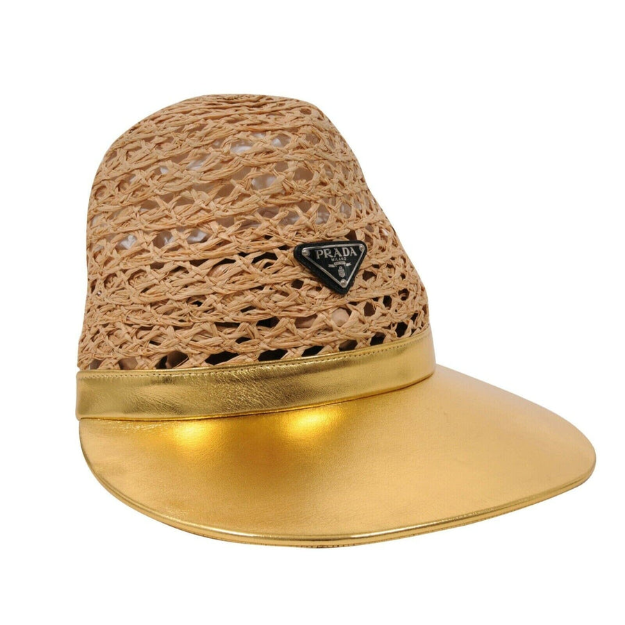 Raffia Wide Straw Logo Plaque Visor Gold Leather Hat Prada 