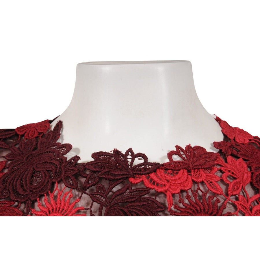Red Burgundy Top Floral Flower Embroidered Lined Lace Top VALENTINO 