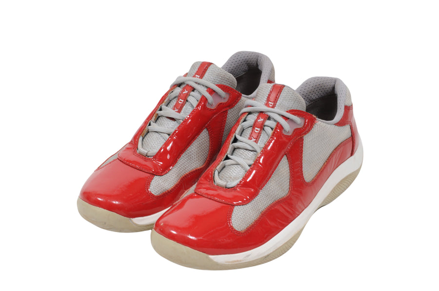 Red Gray Patent Leather Americas Cup Low Top Sneakers Prada 