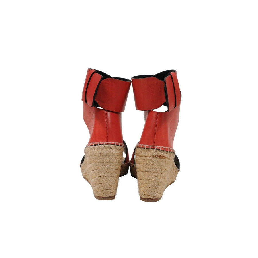 Red Leather Wedge Espadrille Sandals Celine 