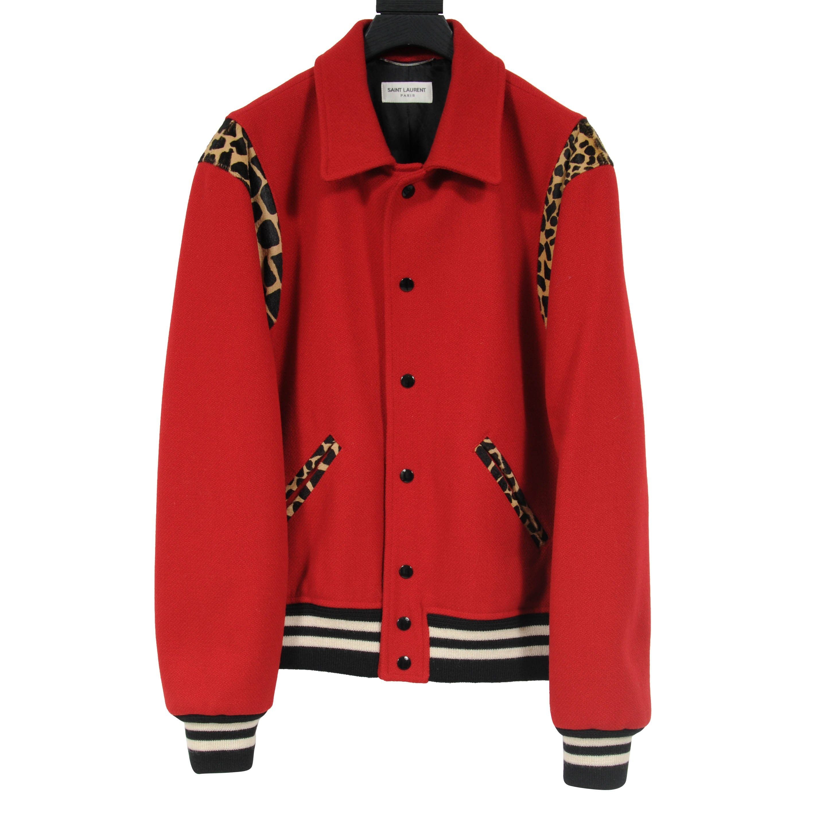 Saint Laurent Men's Red Leopard Print Wool Teddy Varsity Bomber Jacket ...