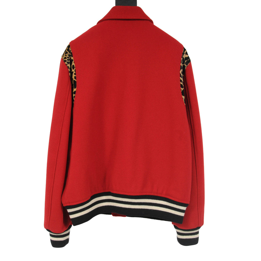 Red Leopard Print Wool Teddy Varsity Bomber Jacket SAINT LAURENT 