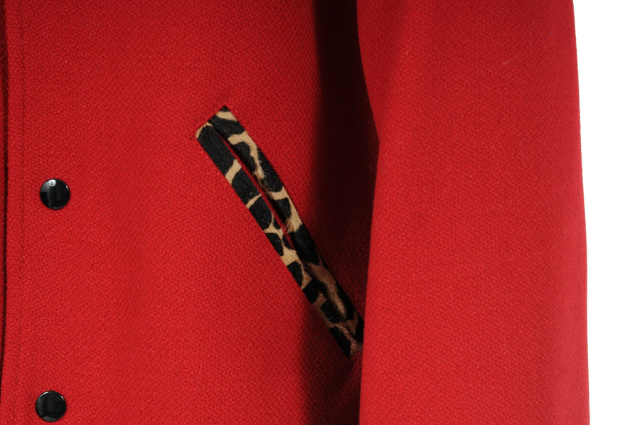 Red Leopard Print Wool Teddy Varsity Bomber Jacket SAINT LAURENT 