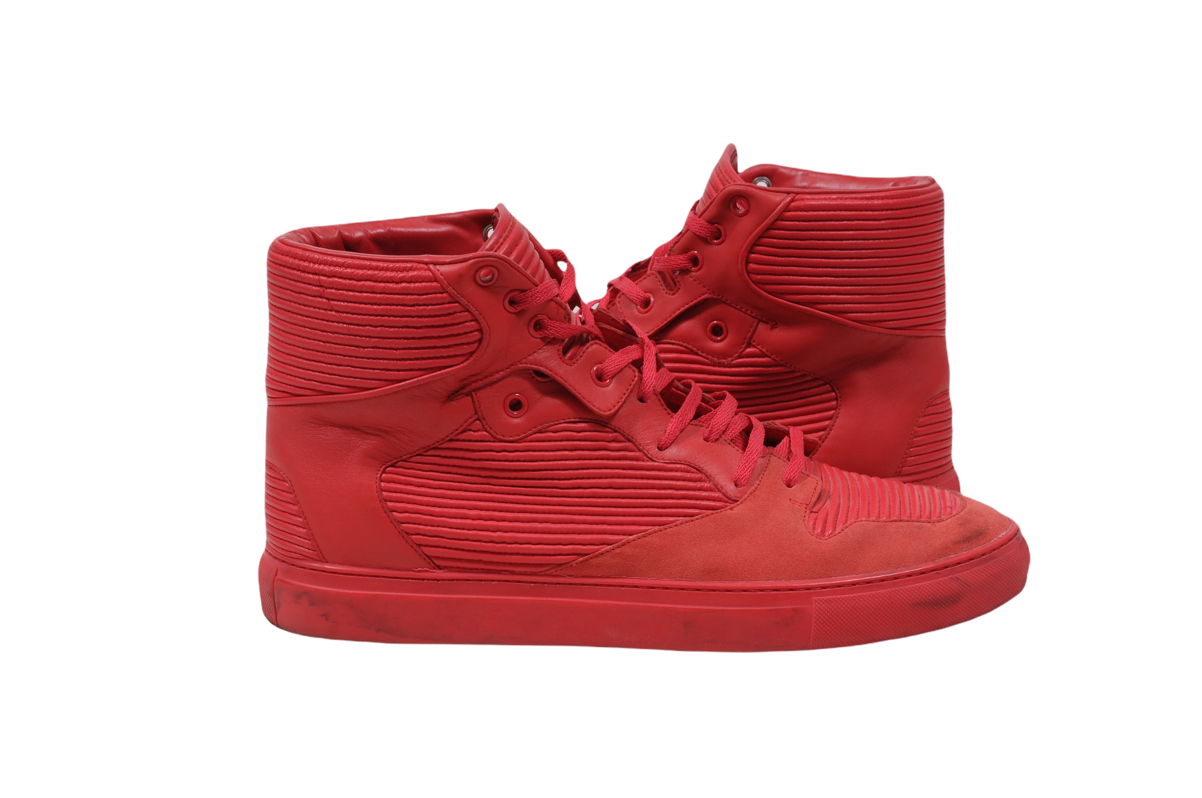 Balenciaga Men s Red Pleated Leather Suede High Top Sneakers Size 45 12 THE ECHELON