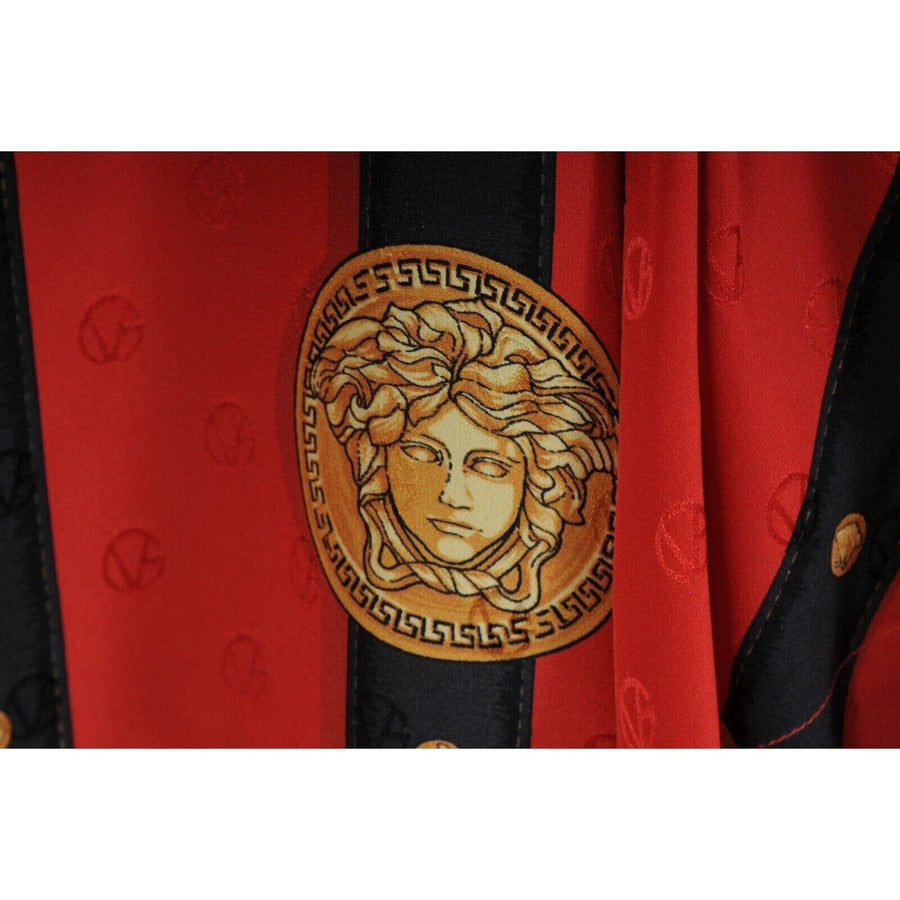 Red Silk Medusa Head Harness Short Sleeve Button Down Shirt Versace 