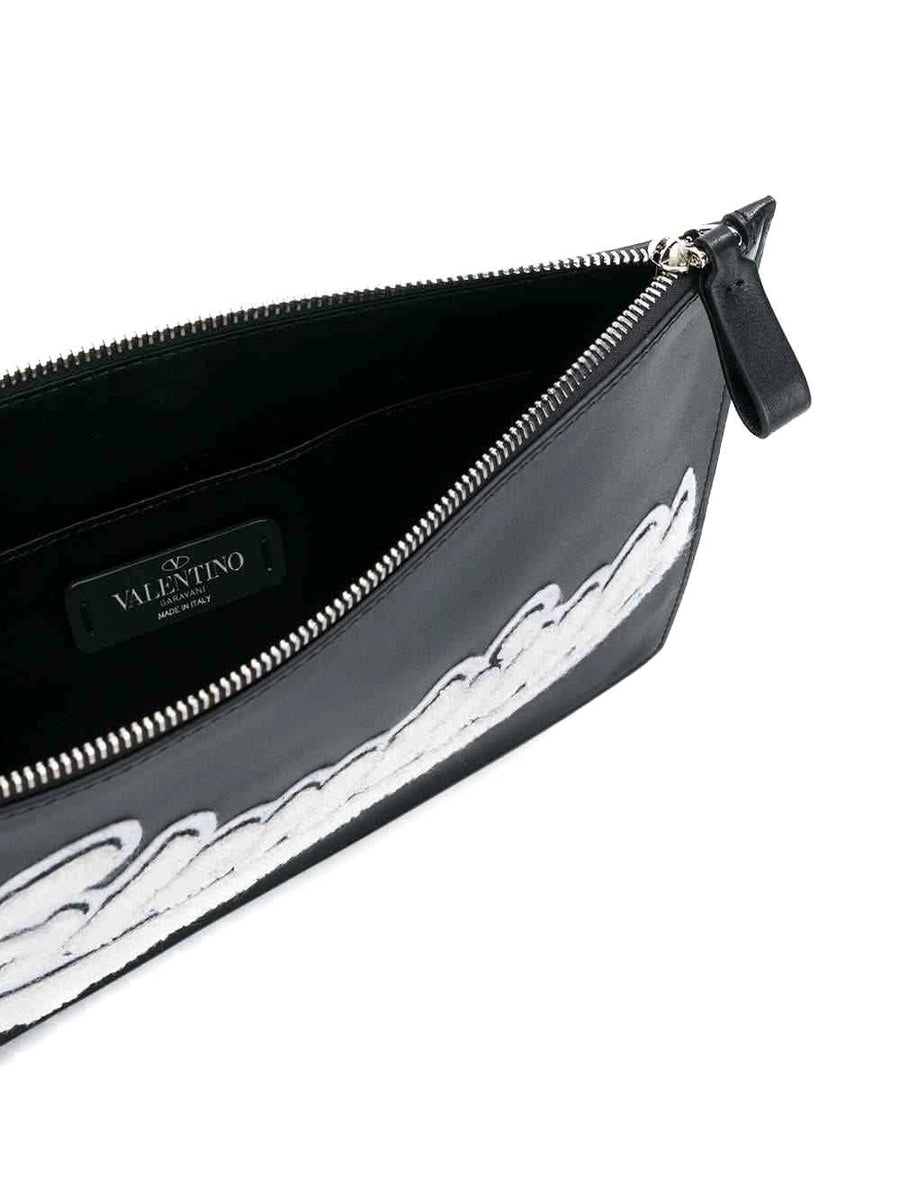 Rockstud Black Leather White Logo Applique Zipper Clutch Pouch Bag VALENTINO 