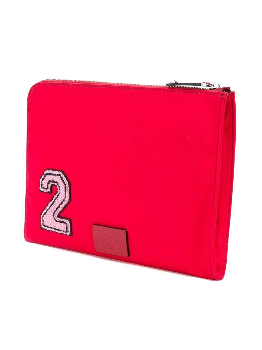 Rockstud Red Canvas Pink Logo Applique Zip Around Clutch Pouch Bag VALENTINO 