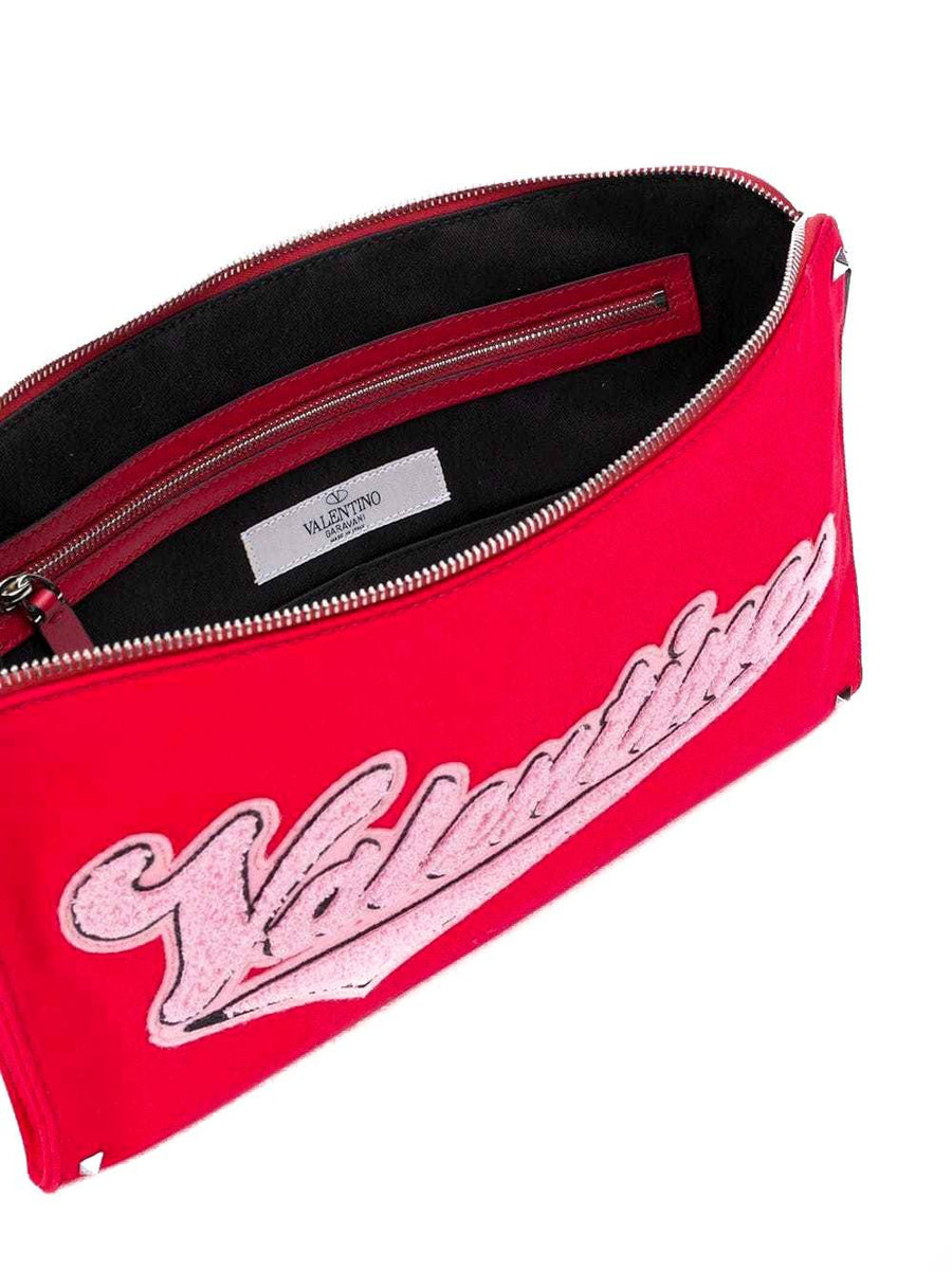 Rockstud Red Canvas Pink Logo Applique Zip Around Clutch Pouch Bag VALENTINO 