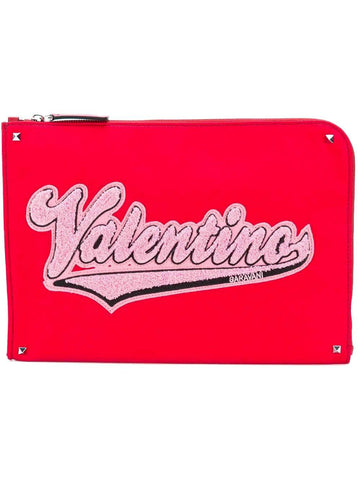 Rockstud Red Canvas Pink Logo Applique Zip Around Clutch Pouch Bag VALENTINO 
