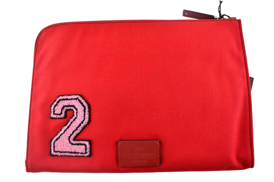 Rockstud Red Canvas Pink Logo Applique Zip Around Clutch Pouch Bag VALENTINO 