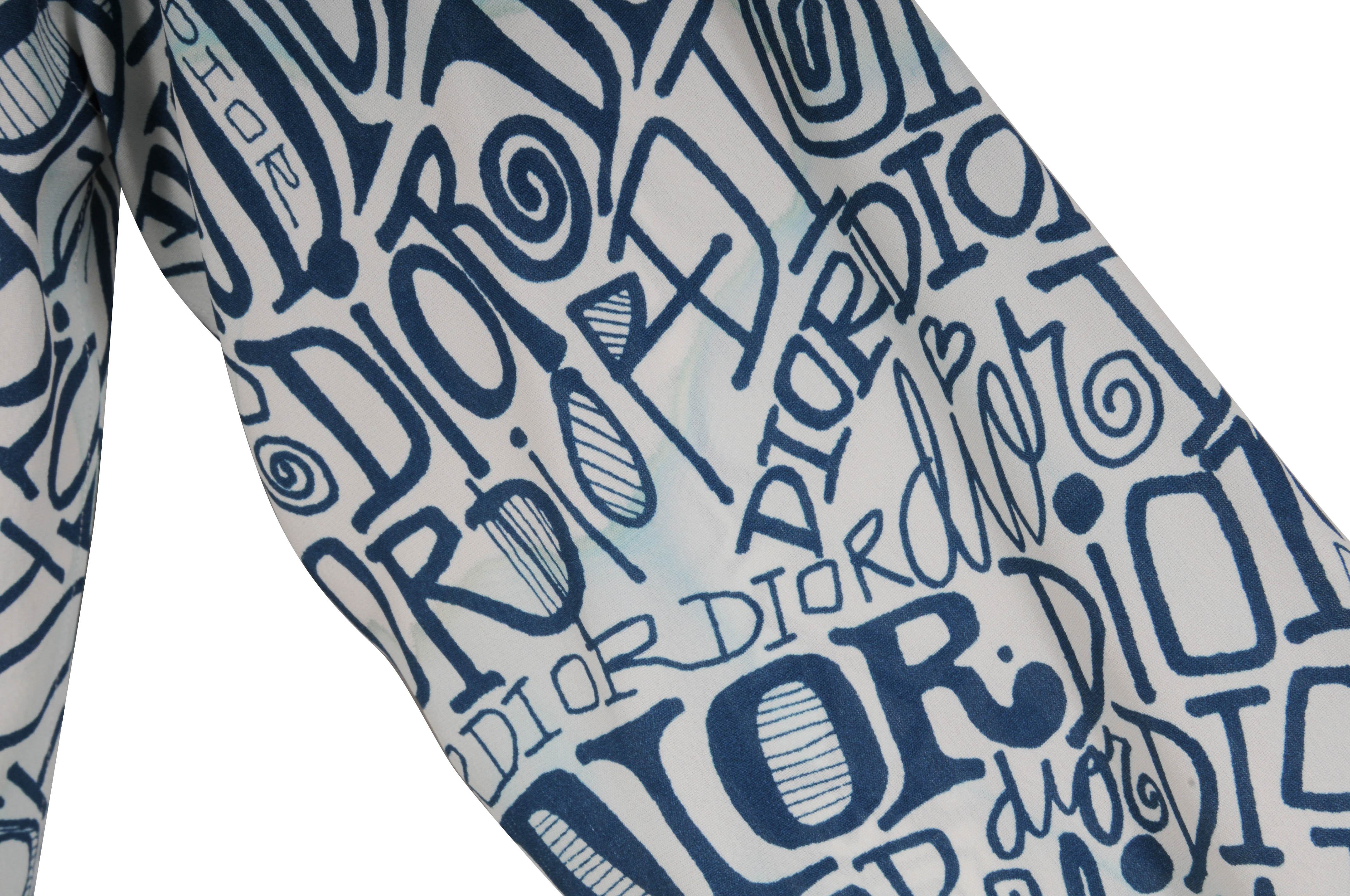 SHAWN x Dior Blue White All Over Print Logo Silk Long Sleeve 