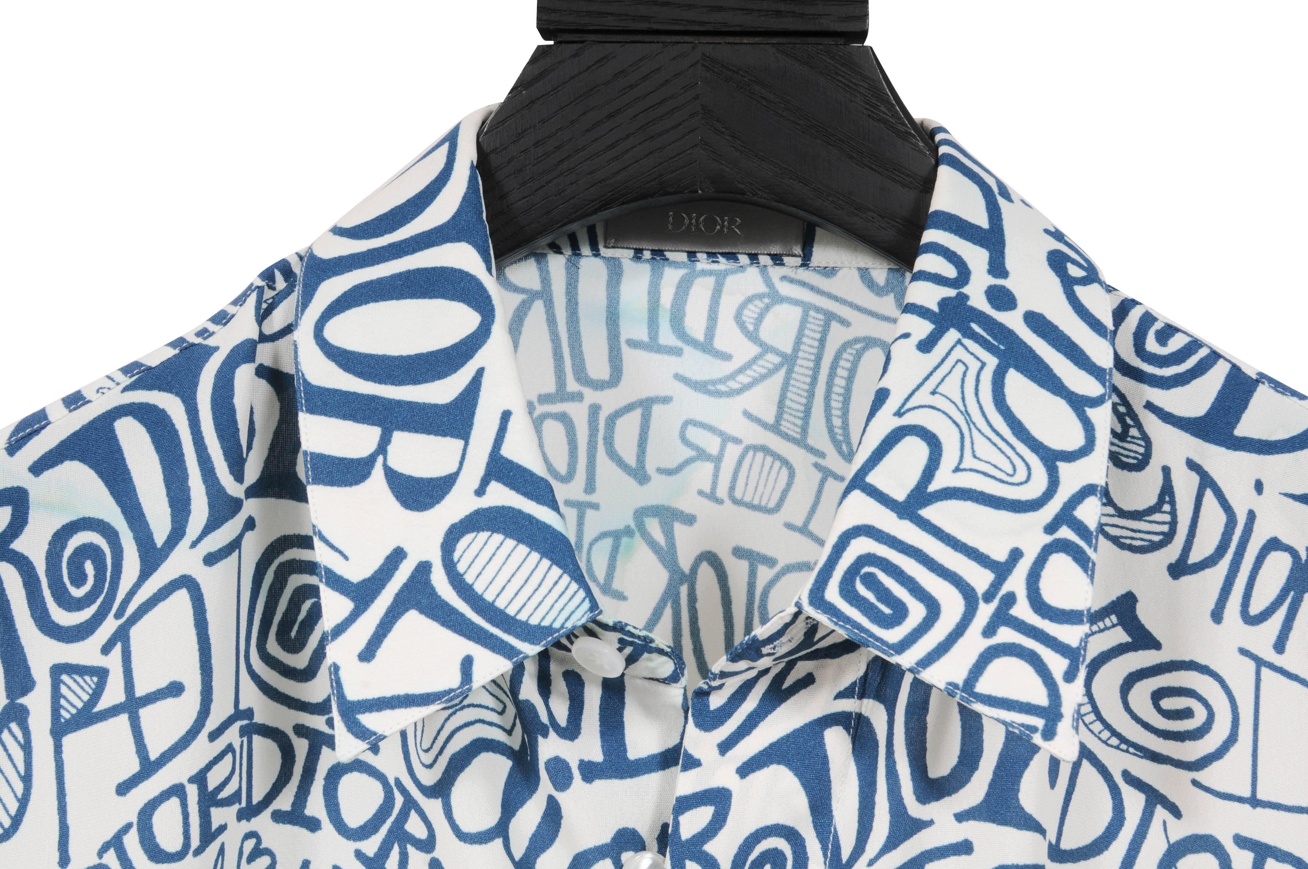 SHAWN x Dior Blue White All Over Print Logo Silk Long Sleeve 