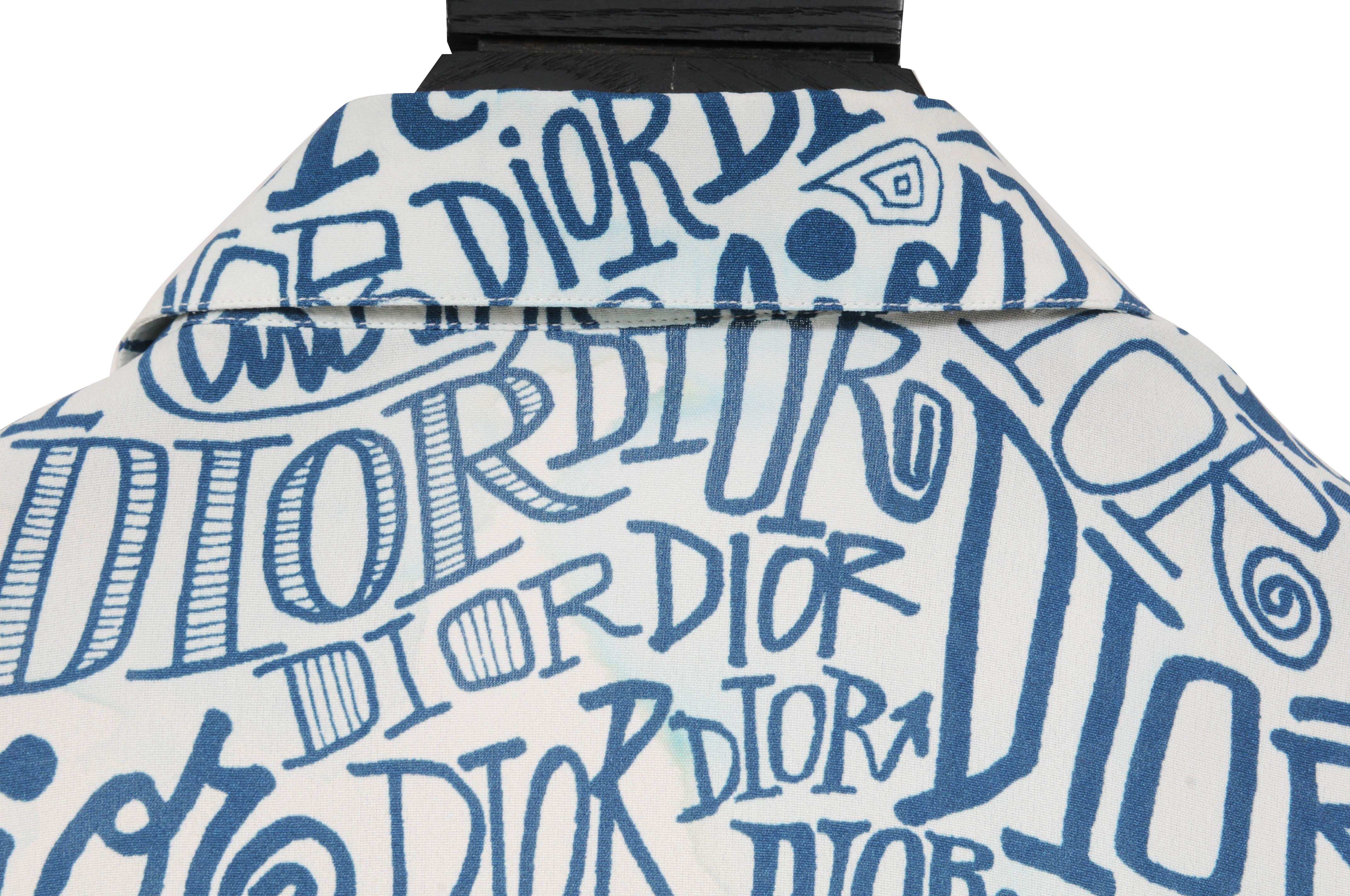 SHAWN x Dior Blue White All Over Print Logo Silk Long Sleeve 