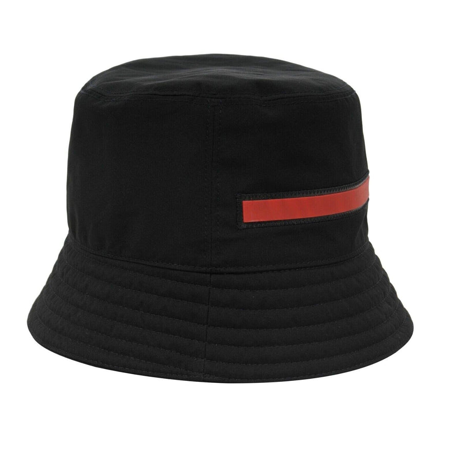 Bucket Hat Black Nylon Red White Rubber Logo Stripe Sport Cap