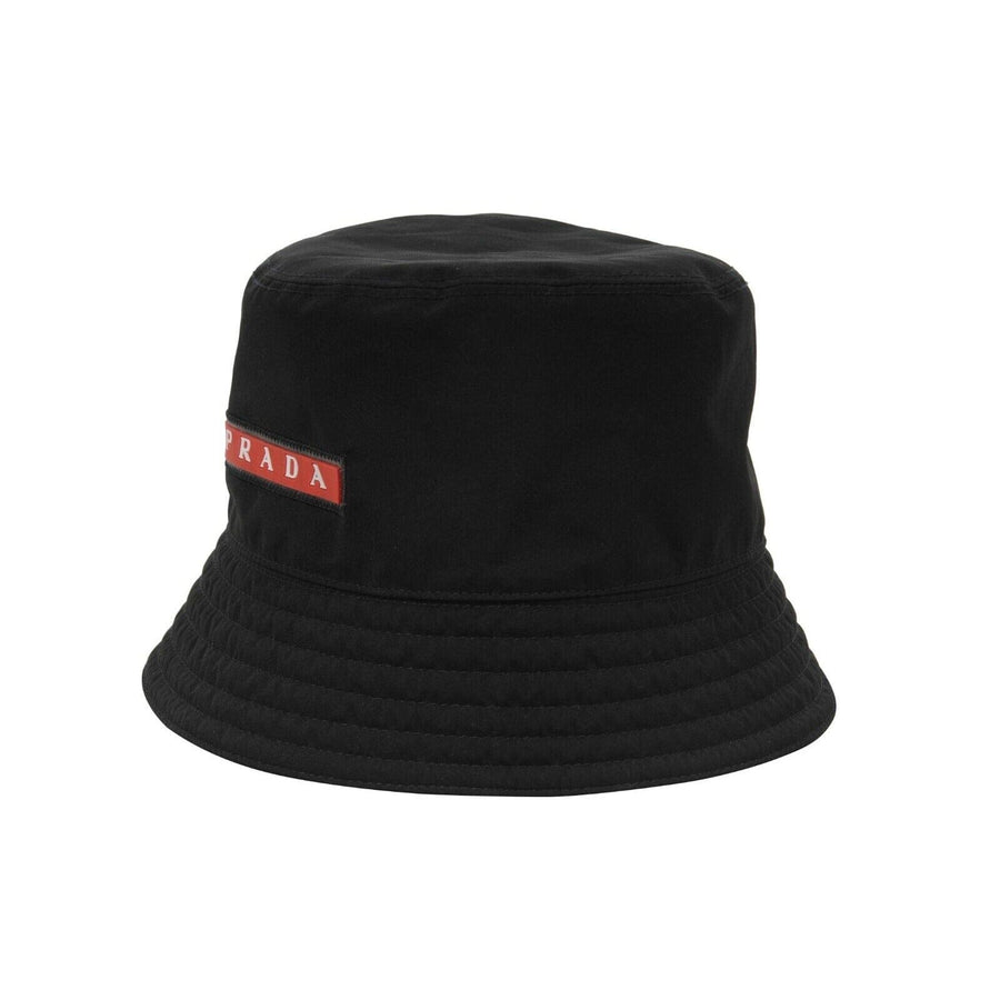 Bucket Hat Black Nylon Red White Rubber Logo Stripe Sport Cap