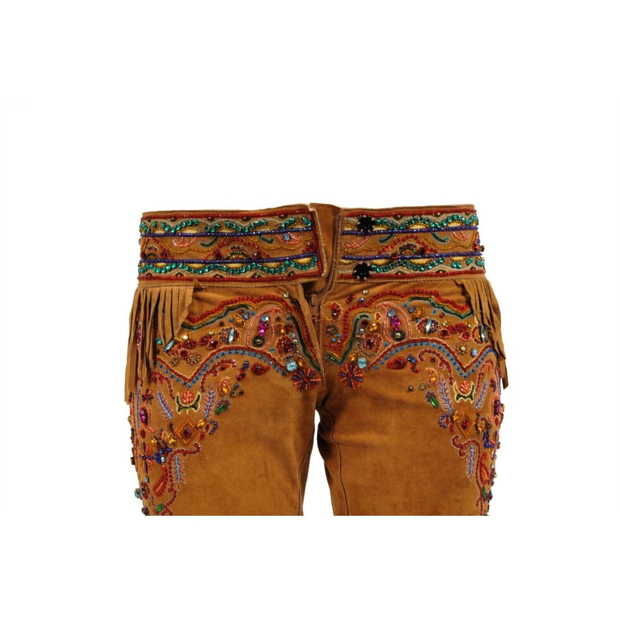 SS2001 Brown Suede Fringed Embellished Pants Dolce & Gabbana 