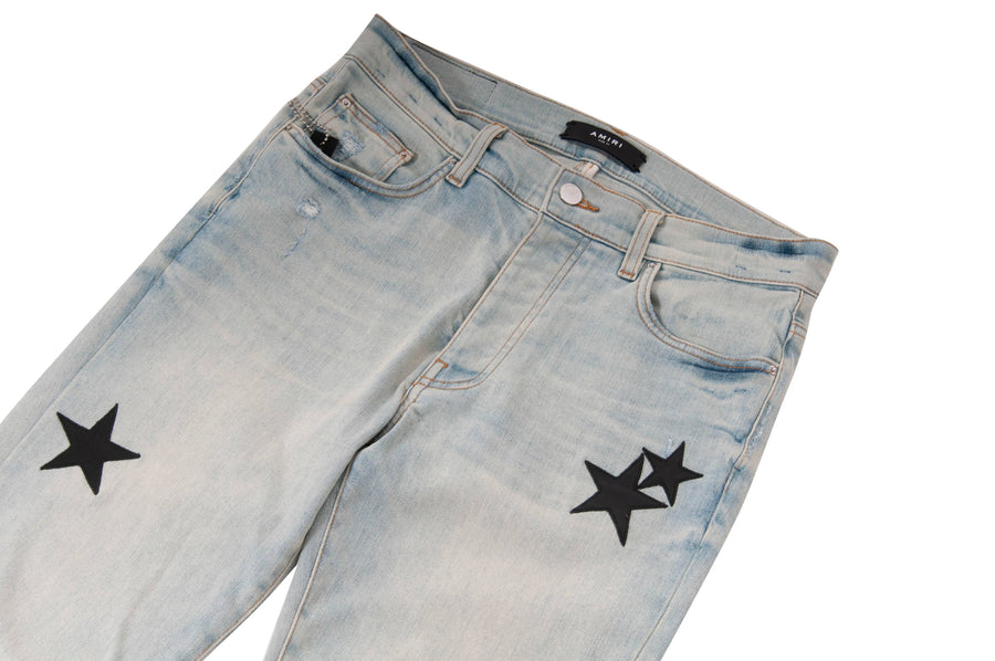 Stack Leather Stars Patch Jeans (Light Wash Bone Indigo) Amiri 