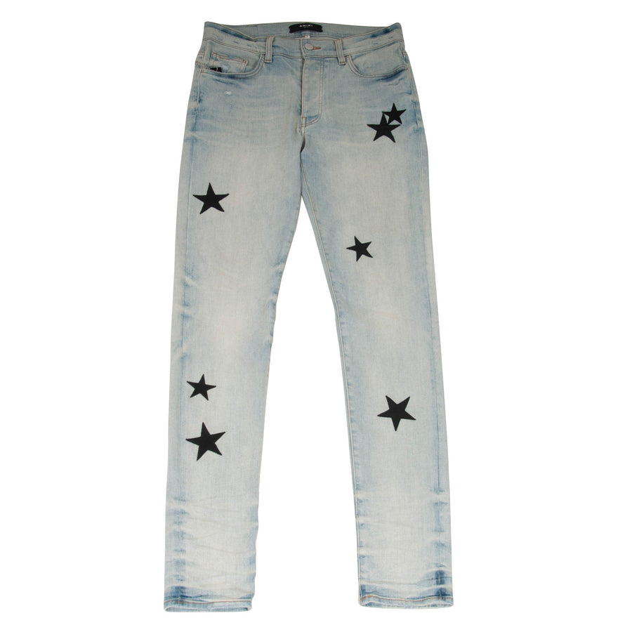 Stack Leather Stars Patch Jeans (Light Wash Bone Indigo) Amiri 