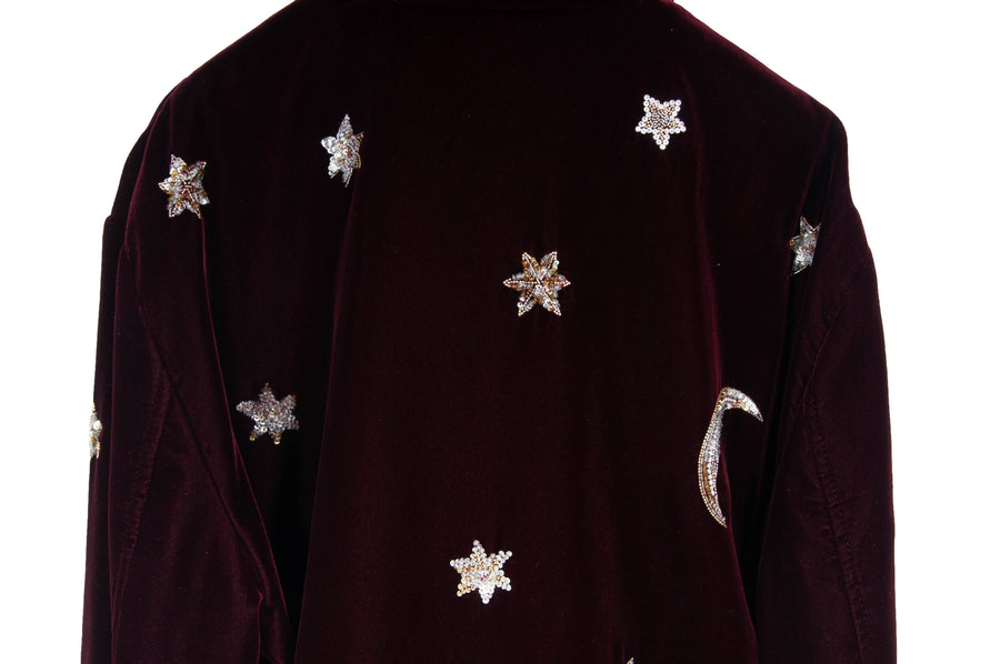 Saint Laurent Mens Red Velvet Star and Moon Landing Embellished