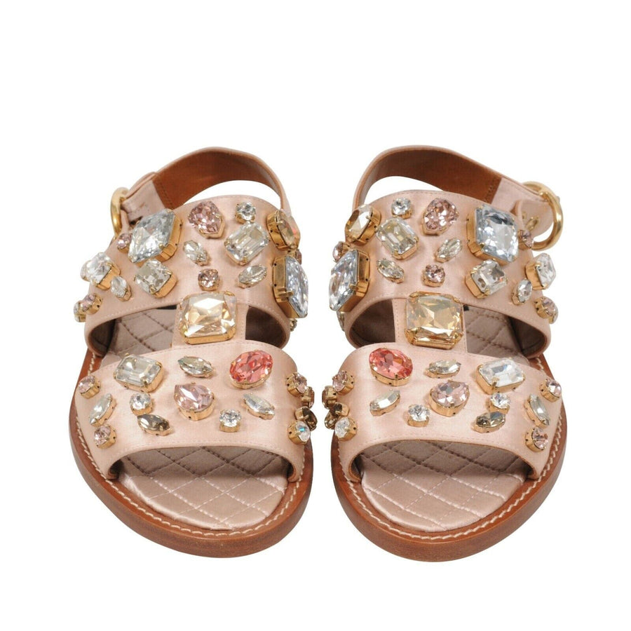 Tan Satin Crystal Bejeweled Mule Flats Sandals Dolce & Gabbana 