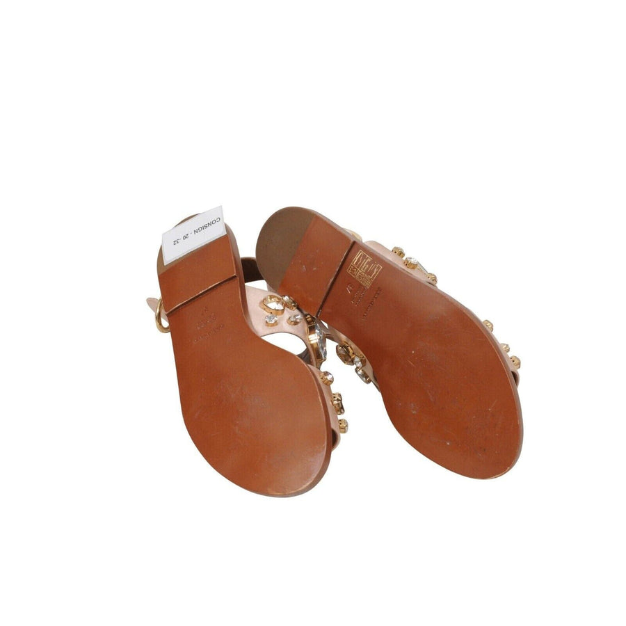Tan Satin Crystal Bejeweled Mule Flats Sandals Dolce & Gabbana 