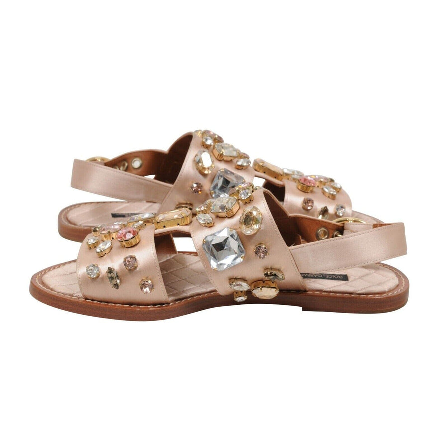 Tan Satin Crystal Bejeweled Mule Flats Sandals Dolce & Gabbana 