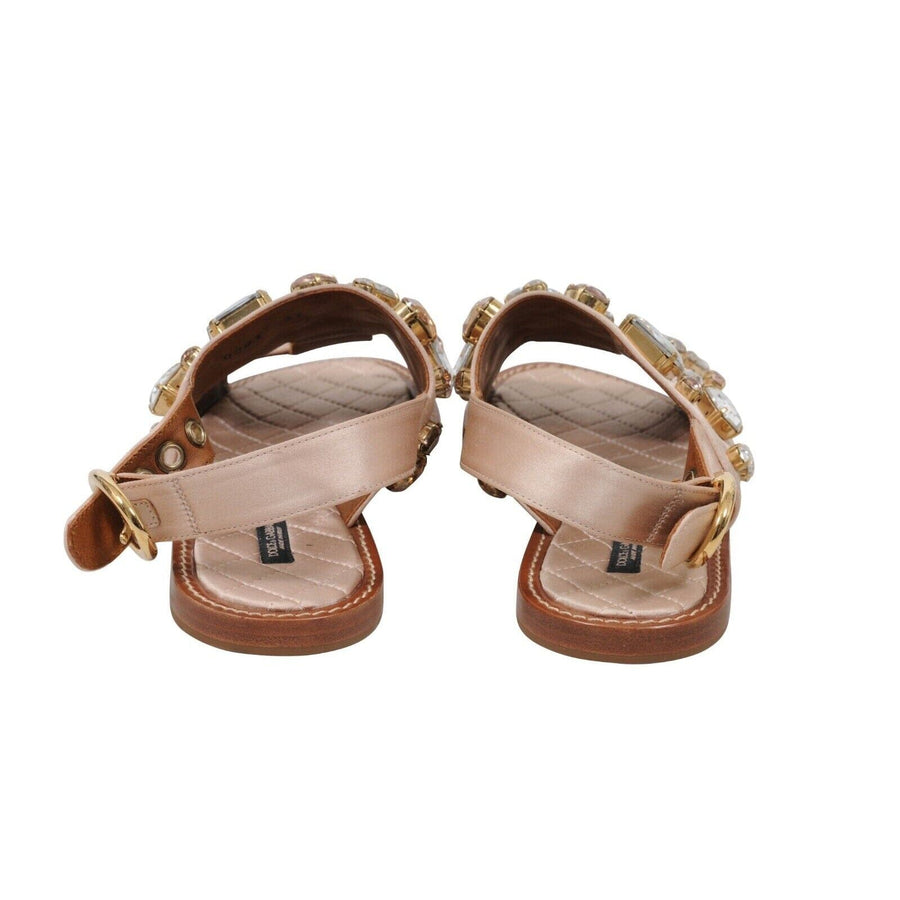 Tan Satin Crystal Bejeweled Mule Flats Sandals Dolce & Gabbana 